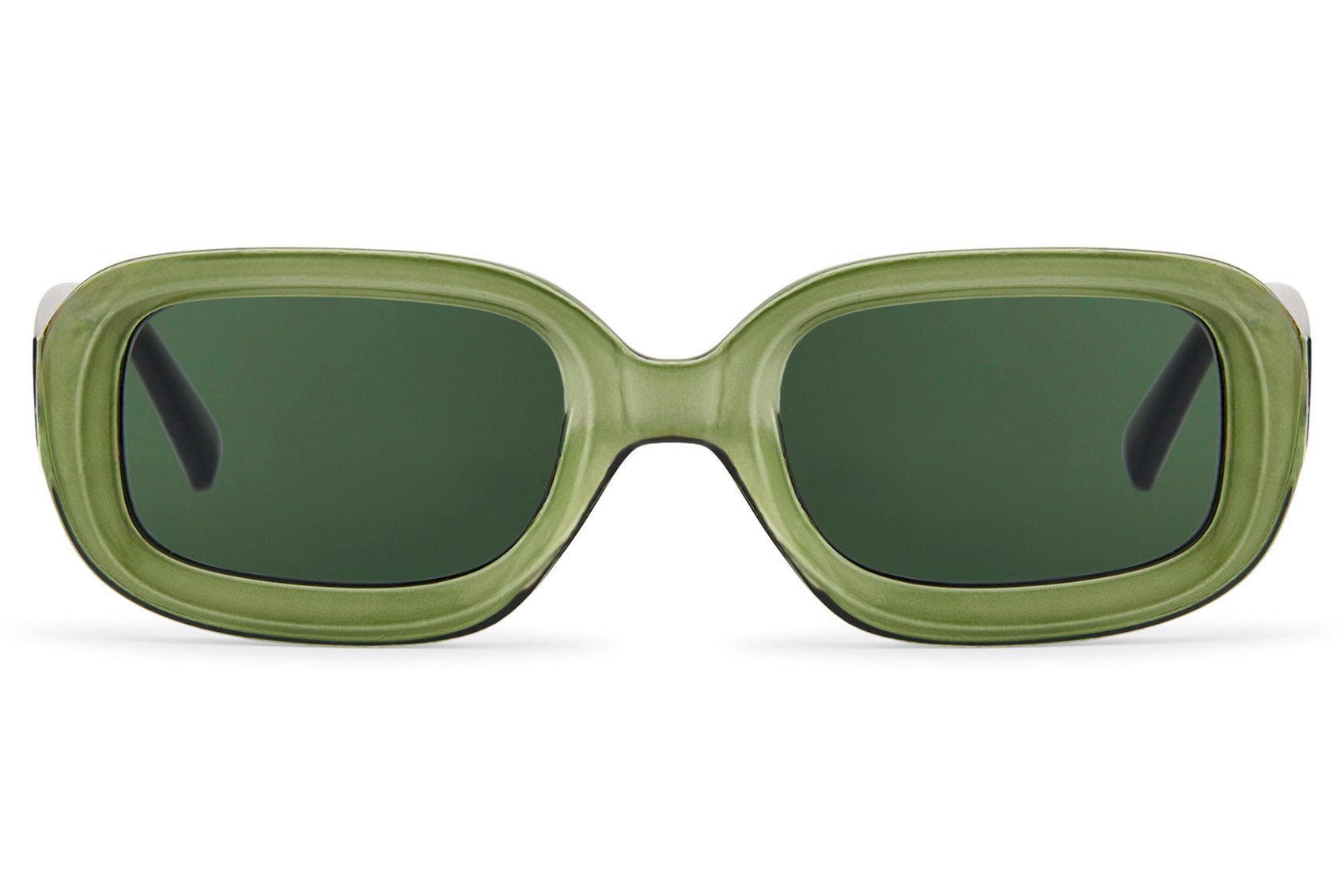Unisex retro rectangle sunglasses with olive green frame and tinted lenses by Sunglass Station, eco-friendly design with a modern vintage feel