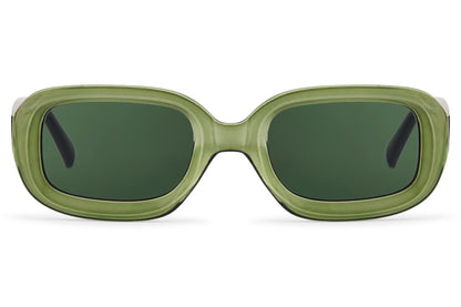 Unisex retro rectangle sunglasses with olive green frame and tinted lenses by Sunglass Station, eco-friendly design with a modern vintage feel