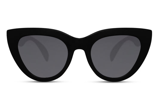 Retro Revival cat eye sunglasses with bold black frame and dark lenses, inspired by vintage silhouettes reimagined for modern everyday style with UV protection