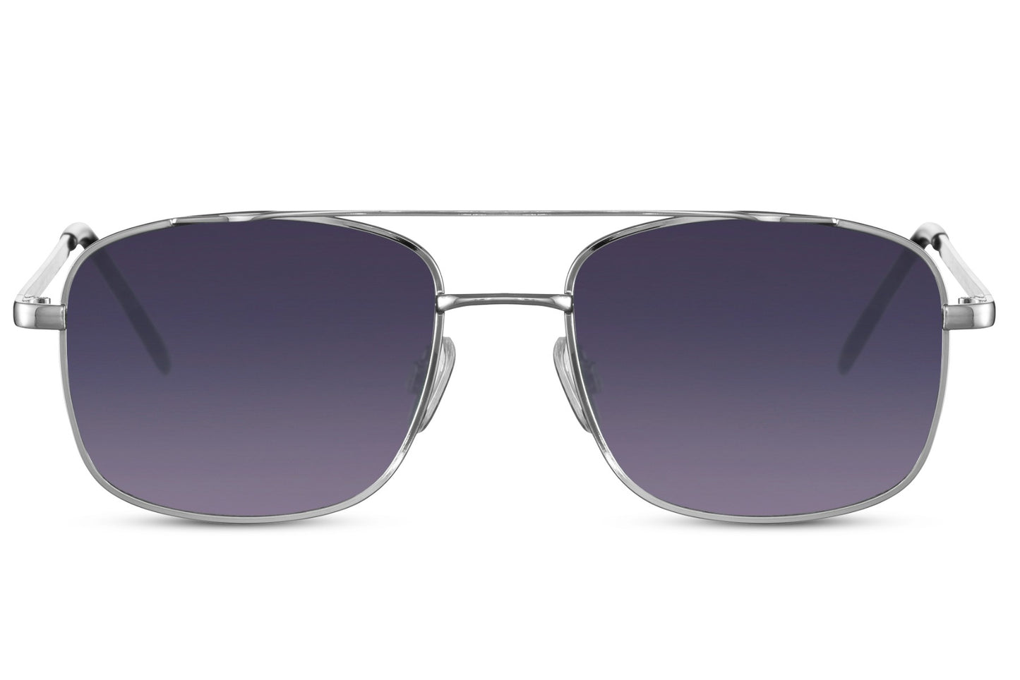 Retro square aviator sunglasses with purple gradient lenses and silver frame, combining vintage style with a modern geometric shape
