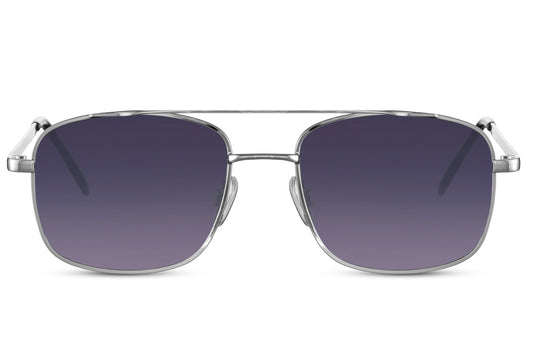 Retro square aviator sunglasses with purple gradient lenses and silver frame, combining vintage style with a modern geometric shape