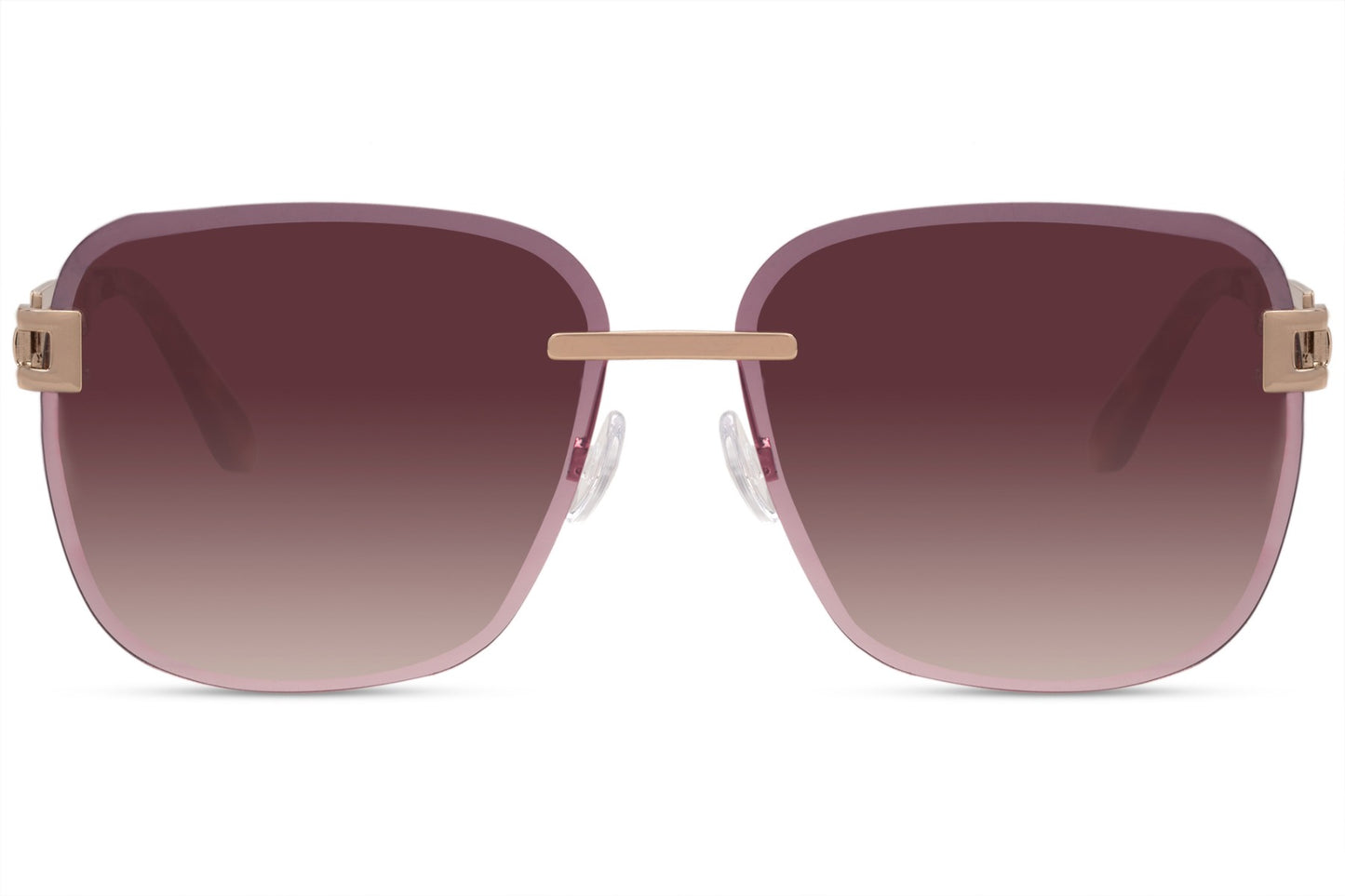 Rimless oversized square sunglasses with brown lenses and gold metal accents, modern women sunglasses for luxury minimal style, perfect for summer outfits, travel and everyday wear