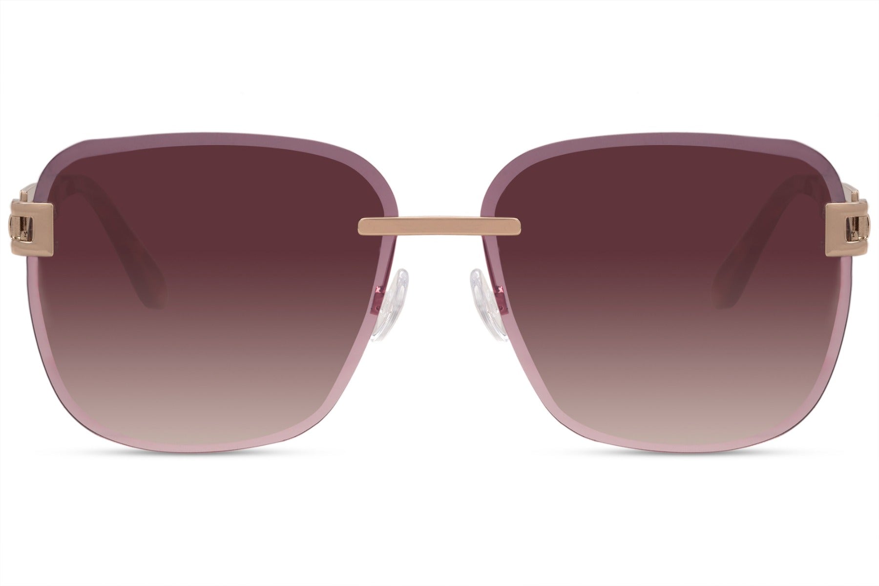 Rimless oversized square sunglasses with brown lenses and gold metal accents, modern women sunglasses for luxury minimal style, perfect for summer outfits, travel and everyday wear