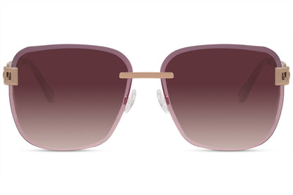 Rimless oversized square sunglasses with brown lenses and gold metal accents, modern women sunglasses for luxury minimal style, perfect for summer outfits, travel and everyday wear