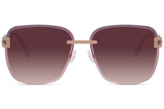 Rimless oversized square sunglasses with brown lenses and gold metal accents, modern women sunglasses for luxury minimal style, perfect for summer outfits, travel and everyday wear