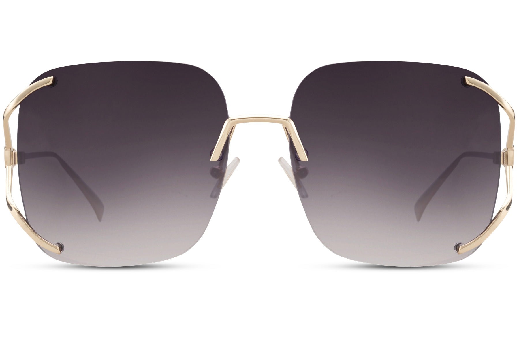 Oversized rimless sunglasses with dark gradient lenses and metal frame, bold designer style sunglasses for women inspired by modern luxury fashion