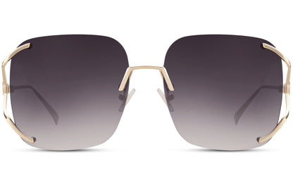 Trendy rimless oversized sunglasses with grey gradient lenses and gold metal frame, lightweight luxury sunglasses for women with modern minimalist style