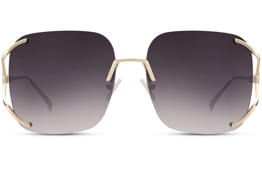 Trendy rimless oversized sunglasses with grey gradient lenses and gold metal frame, lightweight luxury sunglasses for women with modern minimalist style
