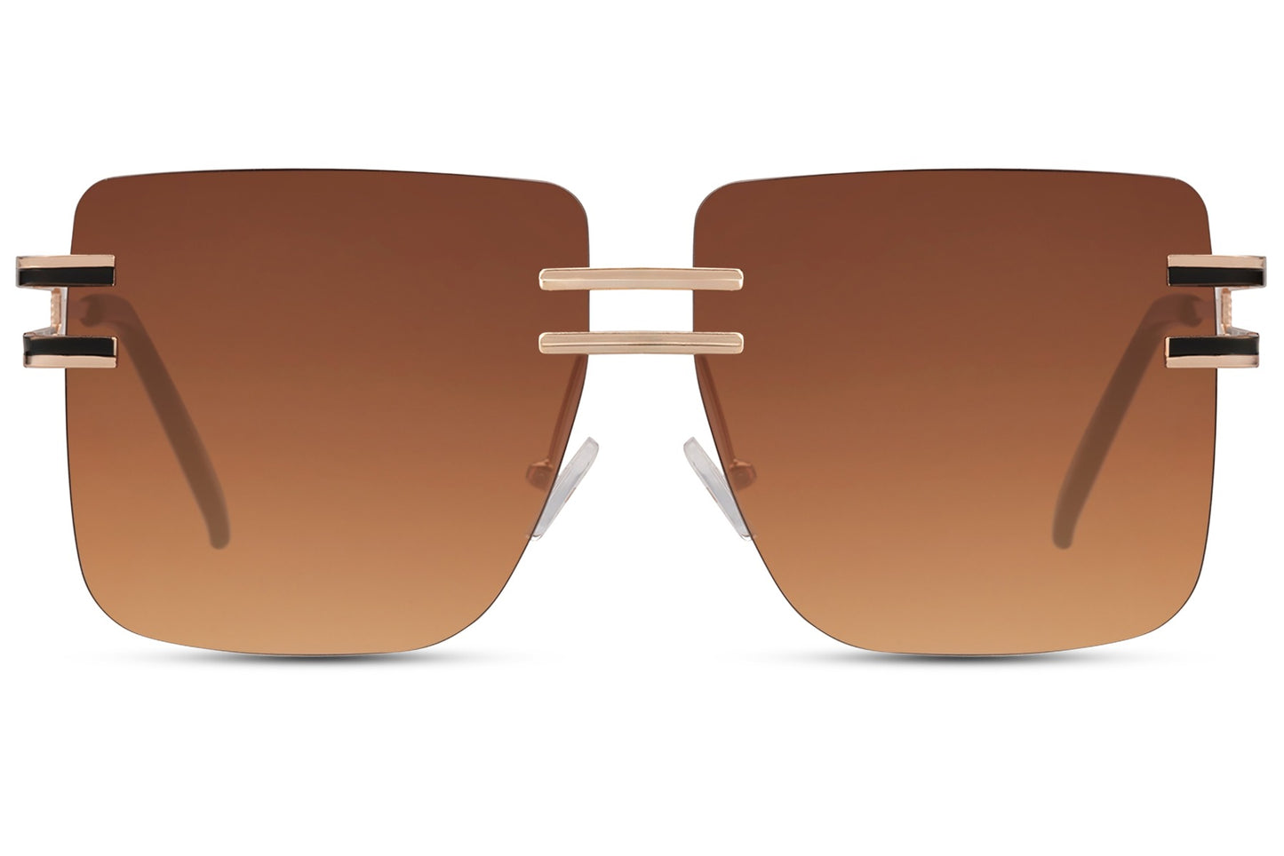 Rimless oversized sunglasses with pink tinted lenses and metal frame, trendy fashion sunglasses for vacation looks, festivals and stylish city wear