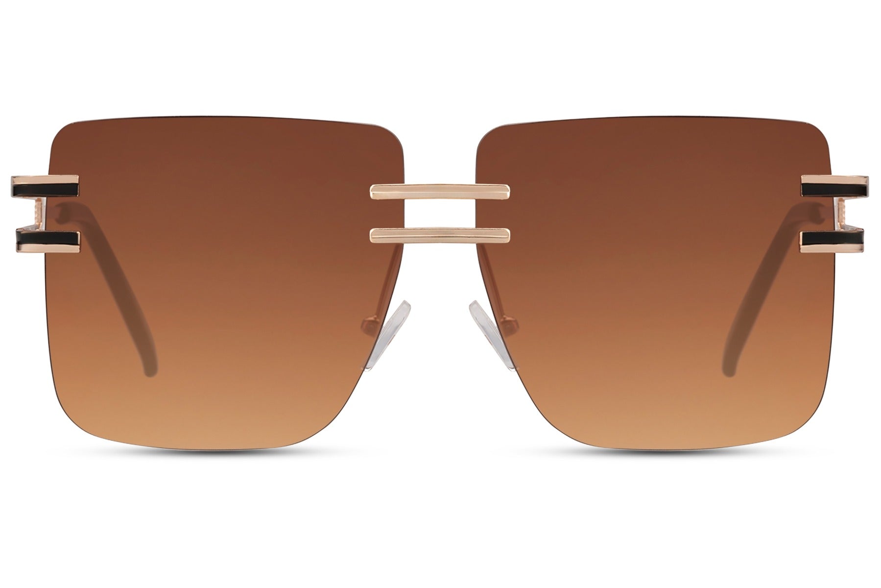 Rimless oversized sunglasses with pink tinted lenses and metal frame, trendy fashion sunglasses for vacation looks, festivals and stylish city wear