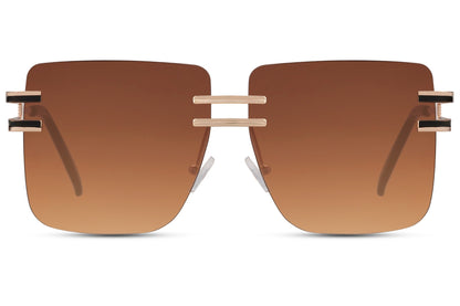 Rimless oversized sunglasses with pink tinted lenses and metal frame, trendy fashion sunglasses for vacation looks, festivals and stylish city wear