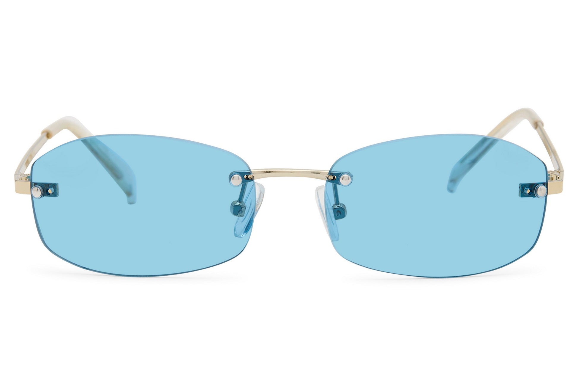 Rimless rectangle sunglasses with blue tinted lenses by Sunglass Station, contemporary women’s eyewear designed with a sleek copper frame and clean lines