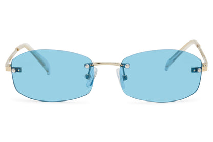 Rimless rectangle sunglasses with blue tinted lenses by Sunglass Station, contemporary women’s eyewear designed with a sleek copper frame and clean lines