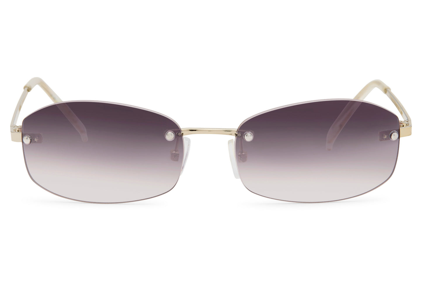 Women’s rimless rectangle tinted sunglasses with grey gradient lenses by Sunglass Station, lightweight copper frame with a sleek modern design, available online with free shipping across the UK and Europe