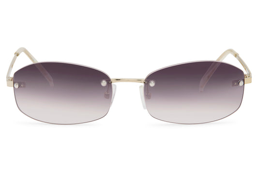 Women’s rimless rectangle tinted sunglasses with grey gradient lenses by Sunglass Station, lightweight copper frame with a sleek modern design, available online with free shipping across the UK and Europe