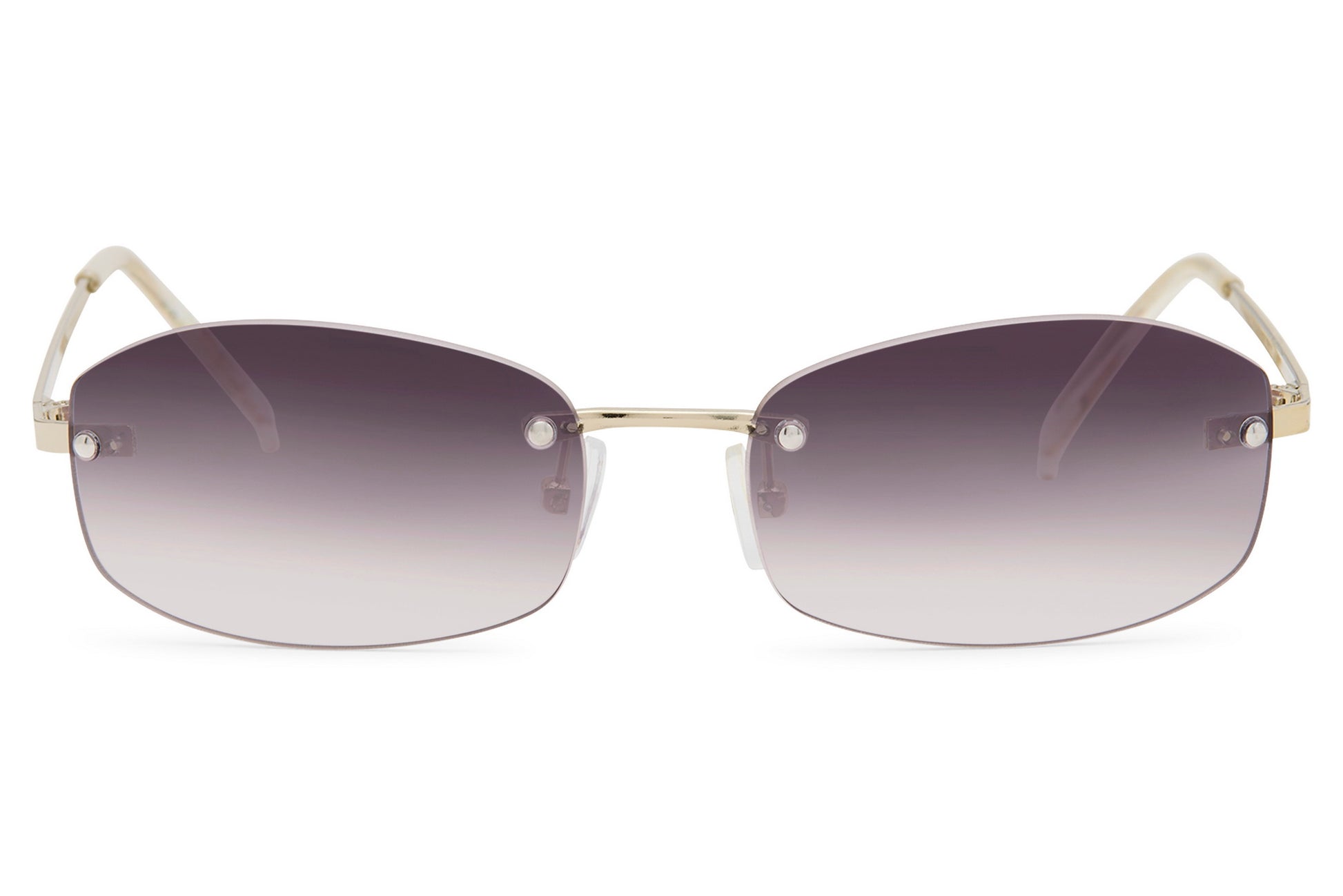 Rimless rectangle sunglasses for women with light grey tinted lenses by Sunglass Station, minimal copper frame design offering a refined and elegant everyday look