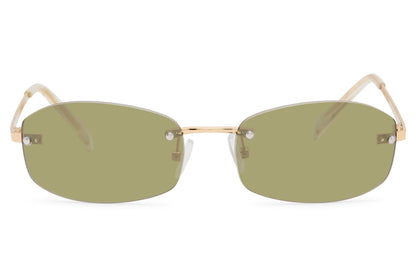 Women’s rimless rectangle sunglasses with olive green tinted lenses by Sunglass Station, lightweight and stylish design perfect for modern everyday wear, available with fast delivery options