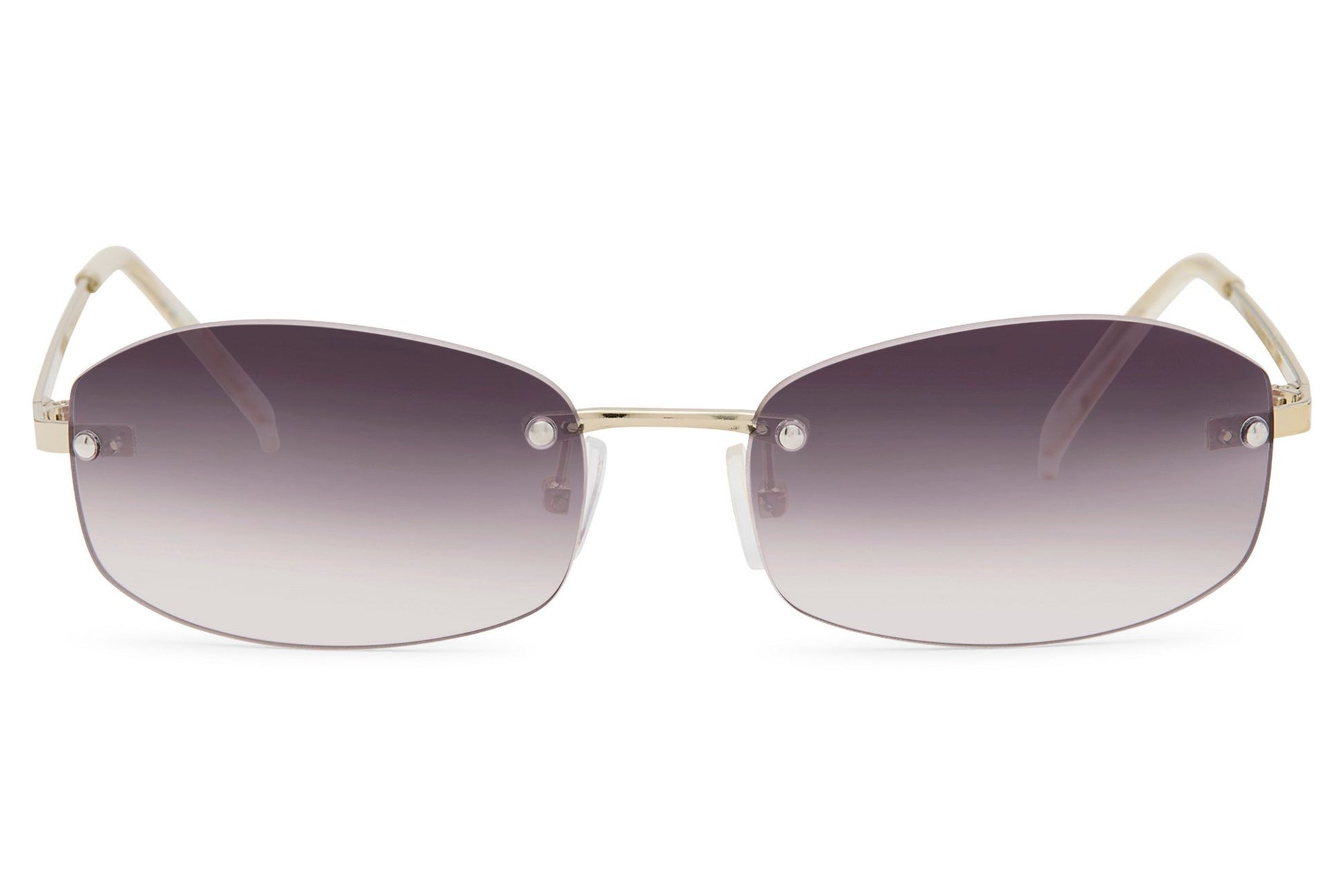Women’s rimless rectangle sunglasses with purple gradient lenses by Sunglass Station, stylish lightweight eyewear with a modern minimalist finish