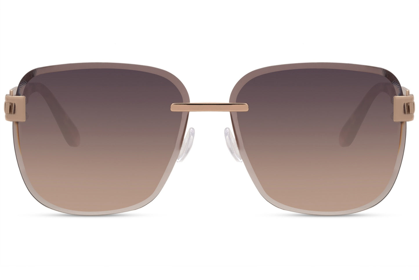 Oversized rimless square sunglasses with gold frame and brown lenses, lightweight designer style sunglasses for women, ideal for holidays, beach days and chic casual looks