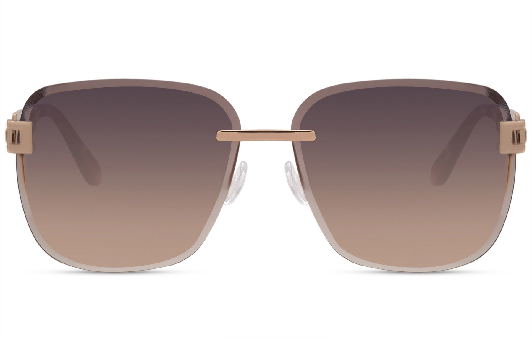 Oversized rimless square sunglasses with gold frame and brown lenses, lightweight designer style sunglasses for women, ideal for holidays, beach days and chic casual looks