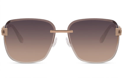 Oversized rimless square sunglasses with gold frame and brown lenses, lightweight designer style sunglasses for women, ideal for holidays, beach days and chic casual looks