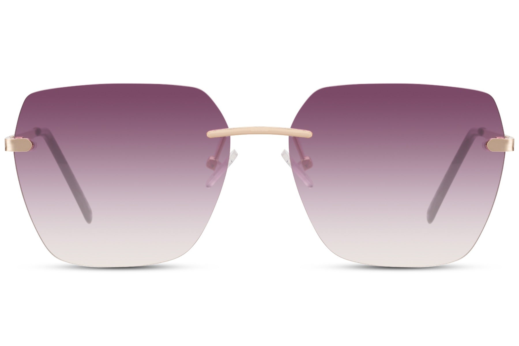 Oversized rimless sunglasses with pink tinted lenses and metal frame, elegant women’s sunglasses for brunch outfits, travel styling and modern city fashion