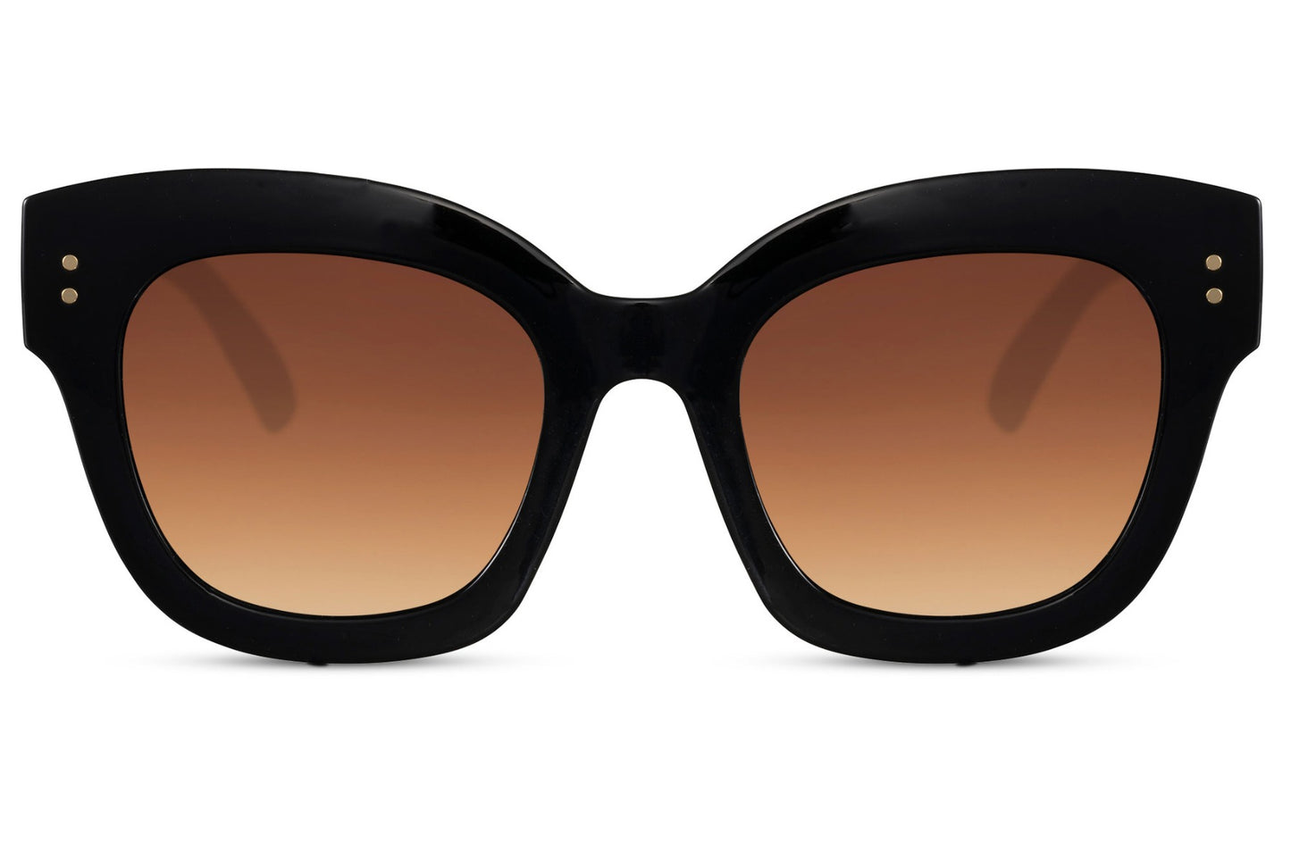 Black oversized cat eye sunglasses with brown gradient lenses and bold frame design