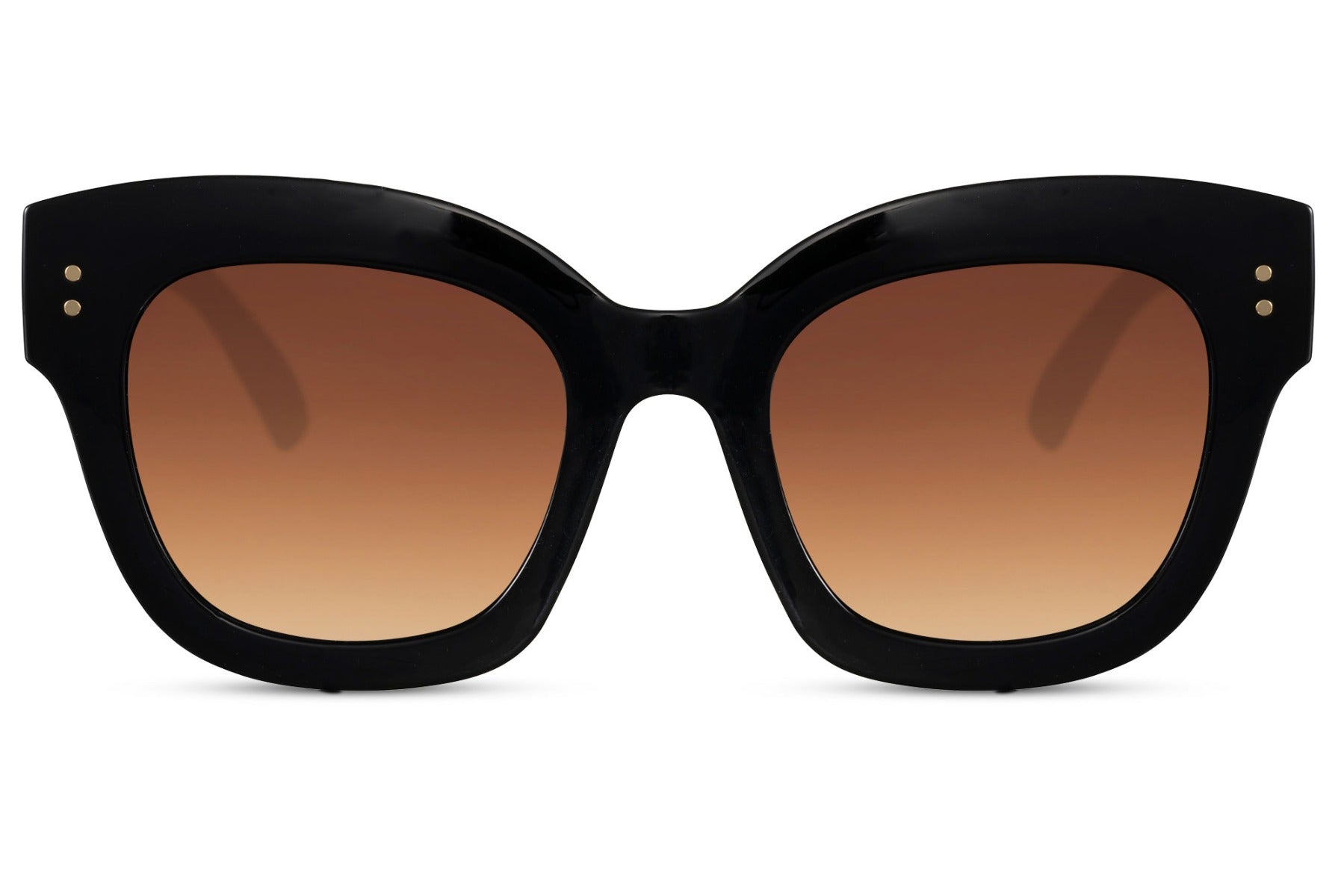 Black oversized cat eye sunglasses with brown gradient lenses and bold frame design