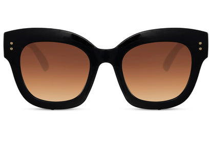 Black oversized cat eye sunglasses with brown gradient lenses and bold frame design