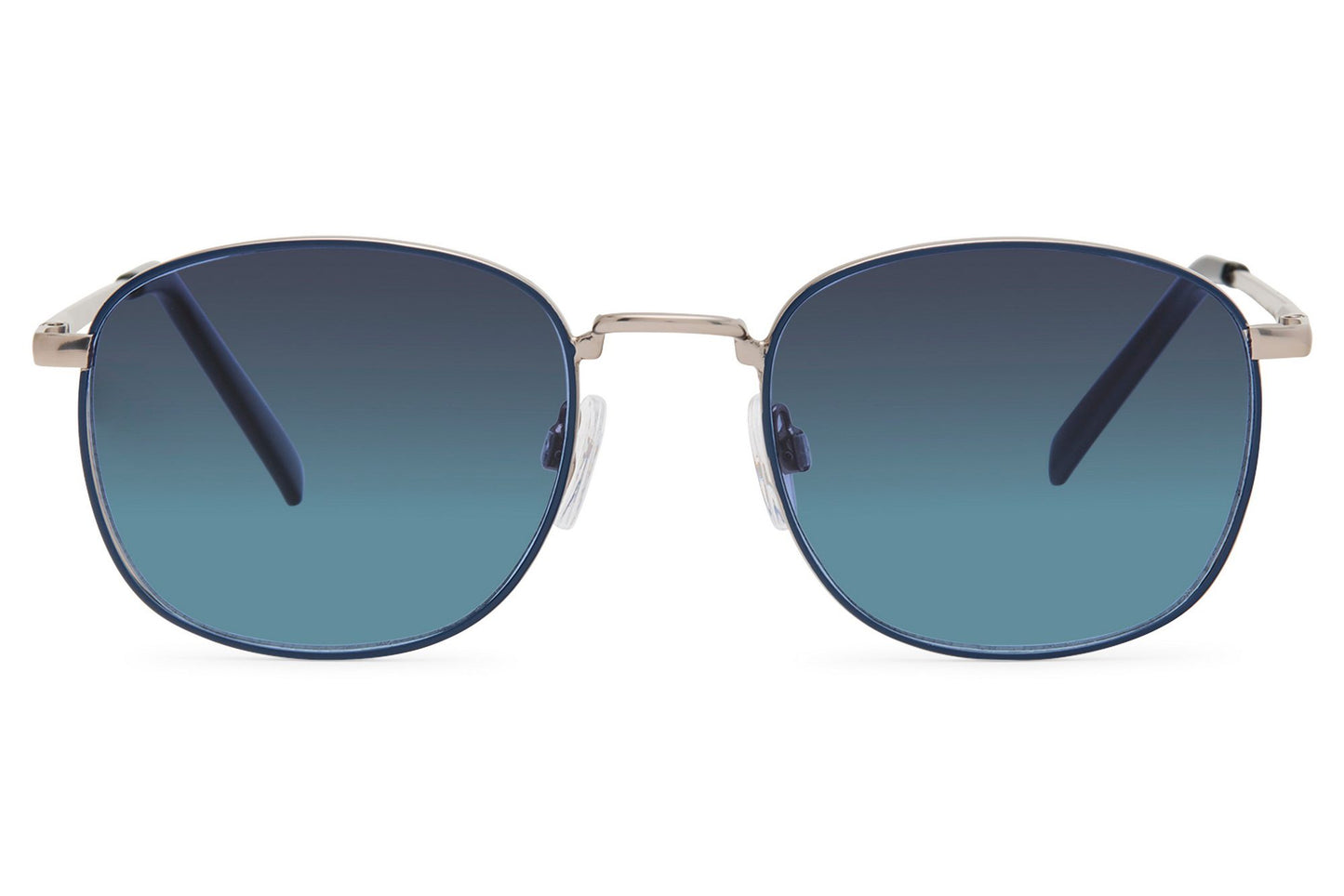 Modern rounded square sunglasses with blue lenses and lightweight metal frame for urban streetwear and travel outfits