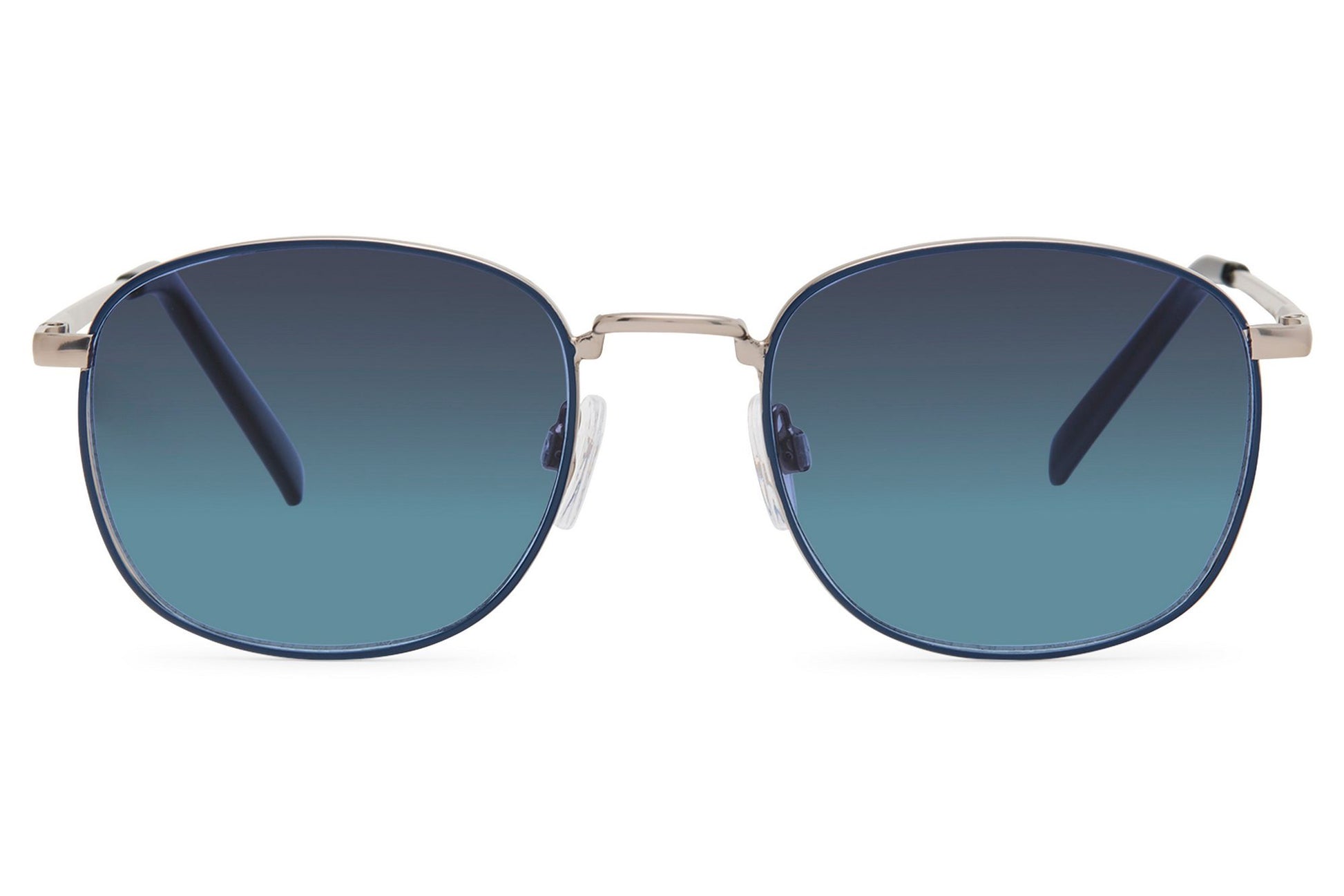 Modern rounded square sunglasses with blue lenses and lightweight metal frame for urban streetwear and travel outfits