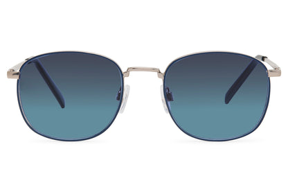 Modern rounded square sunglasses with blue lenses and lightweight metal frame for urban streetwear and travel outfits