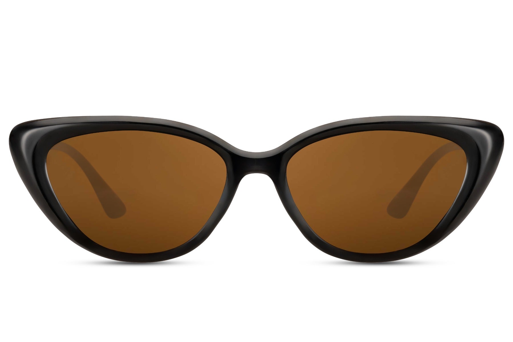 Black sleek cat eye sunglasses with brown tinted lenses and glossy lightweight frame