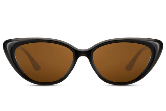 Black sleek cat eye sunglasses with brown tinted lenses and glossy lightweight frame