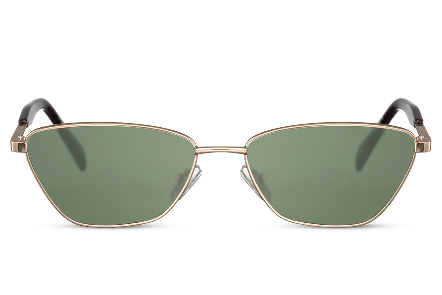 Sleek metallic cat eye sunglasses with green lenses and thin gold frame design