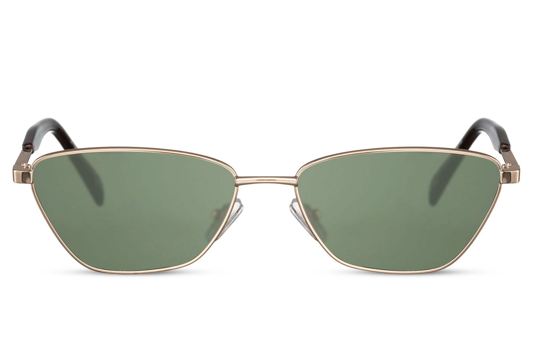 Sleek metallic cat eye sunglasses with green lenses and thin gold frame design