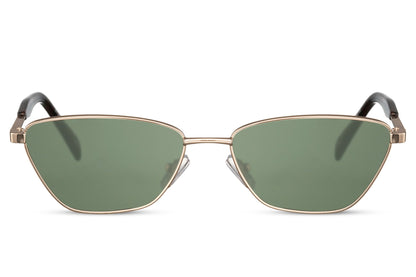 Sleek metallic cat eye sunglasses with green lenses and thin gold frame design