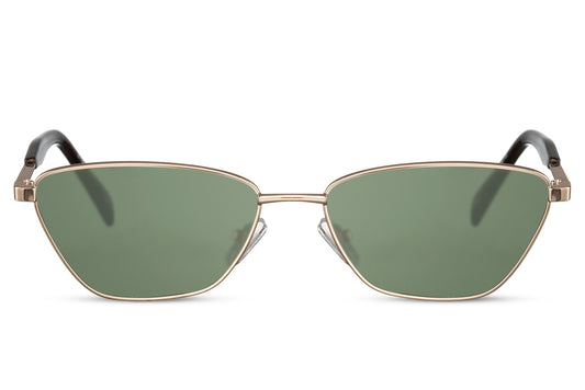 Sleek metallic cat eye sunglasses with green lenses and thin gold frame design
