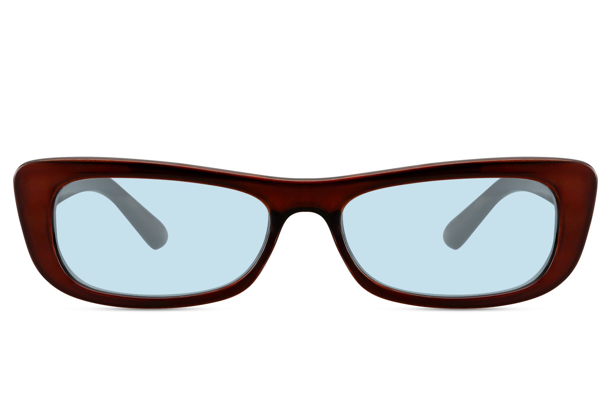 Women’s rectangle sunglasses with sleek brown frame and blue gradient lenses by Sunglass Station, lightweight design combining comfort with contemporary style