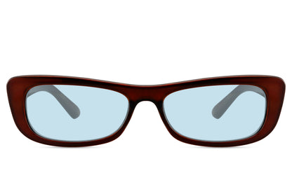 Women’s sleek frame rectangle sunglasses with brown frame and blue lenses by Sunglass Station, eco-friendly lightweight design offering a modern elegant everyday look, available online with free shipping across the UK and Europe