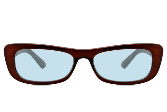 Women’s sleek frame rectangle sunglasses with brown frame and blue lenses by Sunglass Station, eco-friendly lightweight design offering a modern elegant everyday look, available online with free shipping across the UK and Europe
