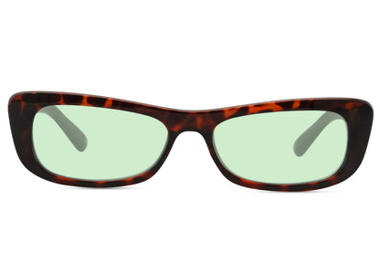 Sleek rectangle sunglasses with green lenses and brown frame by Sunglass Station, eco-friendly women’s eyewear with a refined and modern aesthetic