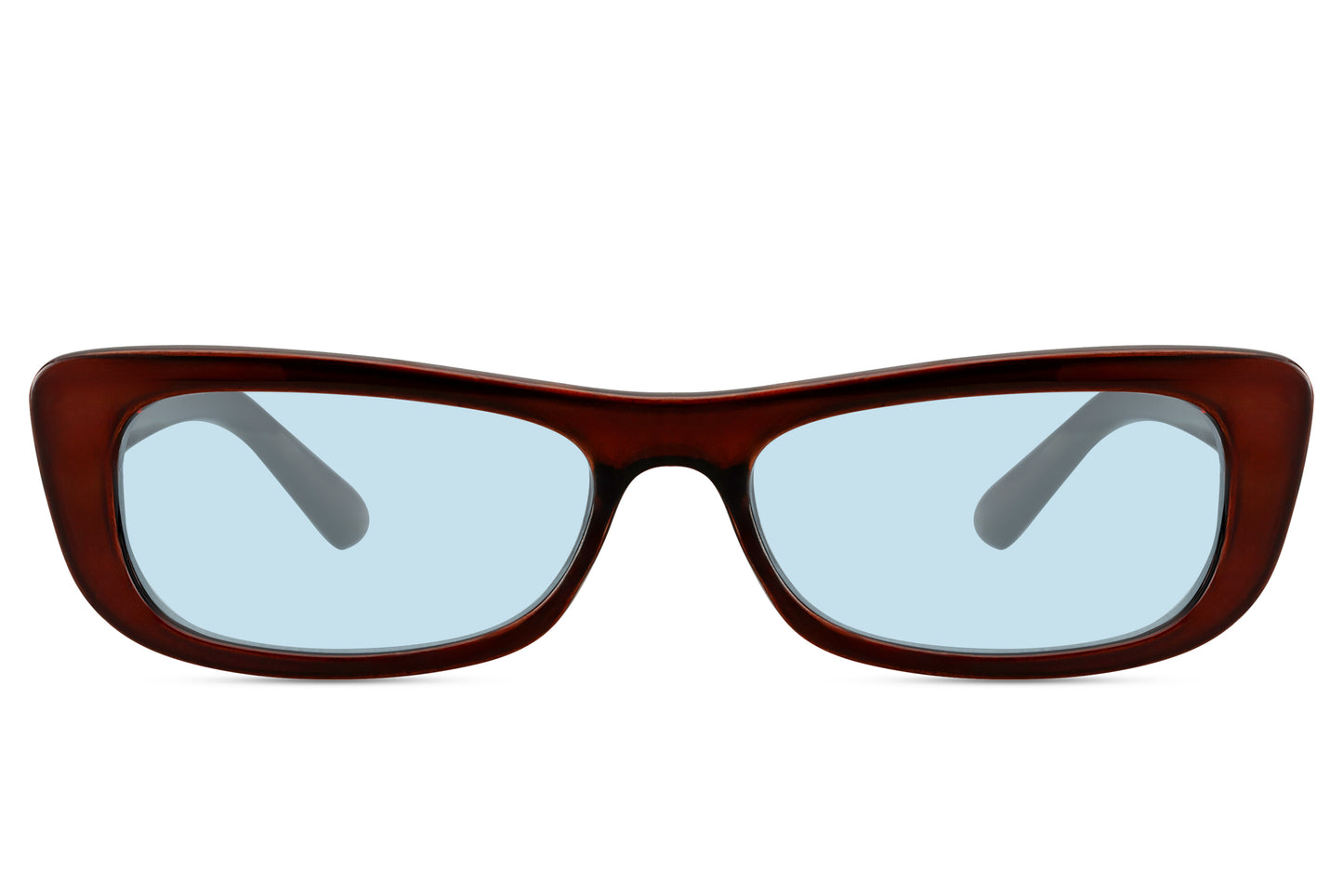 Sleek rectangle sunglasses for women with brown frame and light blue lenses by Sunglass Station, stylish eco-conscious eyewear with a clean modern finish