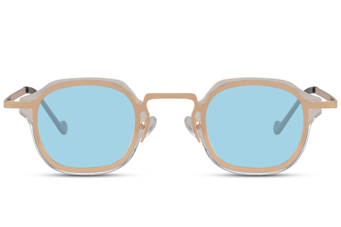 Unisex small square sunglasses with blue tinted lenses and lightweight gold metal frame for modern casual fashion