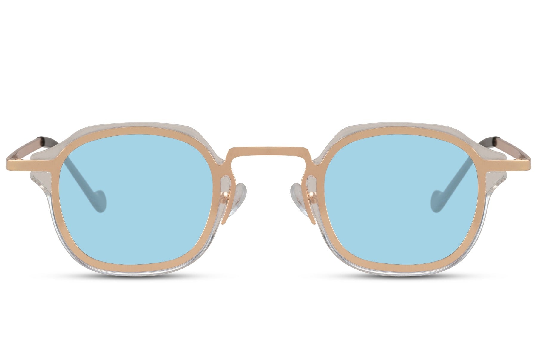 Unisex small square sunglasses with blue tinted lenses and lightweight gold metal frame for modern casual fashion