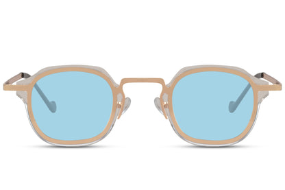 Unisex small square sunglasses with blue tinted lenses and lightweight gold metal frame for modern casual fashion