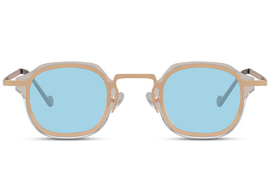 Unisex small square sunglasses with blue tinted lenses and lightweight gold metal frame for modern casual fashion