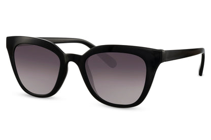 Soft cat eye sunglasses with black frame and dark lenses, offering understated elegance and everyday UV protection
