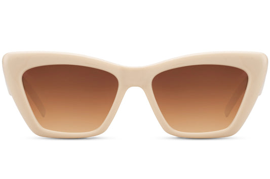 Soft stroke cat eye sunglasses with cream frame and brown gradient lenses