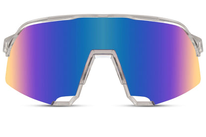 Sport shield sunglasses with blue purple mirrored lens and aerodynamic wrap design, lightweight unisex sunglasses for cycling, running and summer outdoor adventures